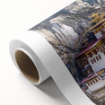 Art Deco style poster of Tibetan scenery in muted earth tones on rolled canvas, ideal for nursery wall art or dining room.