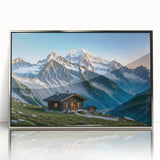 Mid-century modernist art depicting a serene Asian landscape in acrylic, framed in silver, suitable for nursery wall decor.