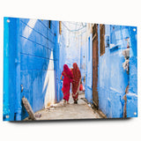 Large abstract wall art of an Indian landscape in vibrant colors on acrylic glass, suitable for bedroom or dining room decor.