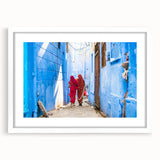 Abstract art print of an Indian landscape in muted earth tones on a framed white canvas, suitable for dining room decor.