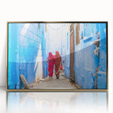 Mid-century modernist style large art print of a scenic Indian landscape in gold tones, framed acrylic.