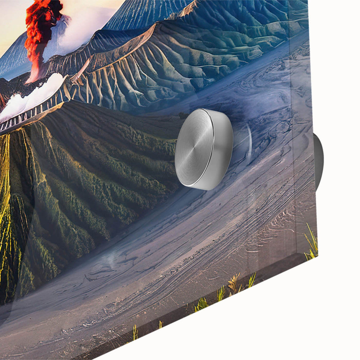 Large abstract wall art depicting an Indonesian landscape in muted earth tones on acrylic glass.