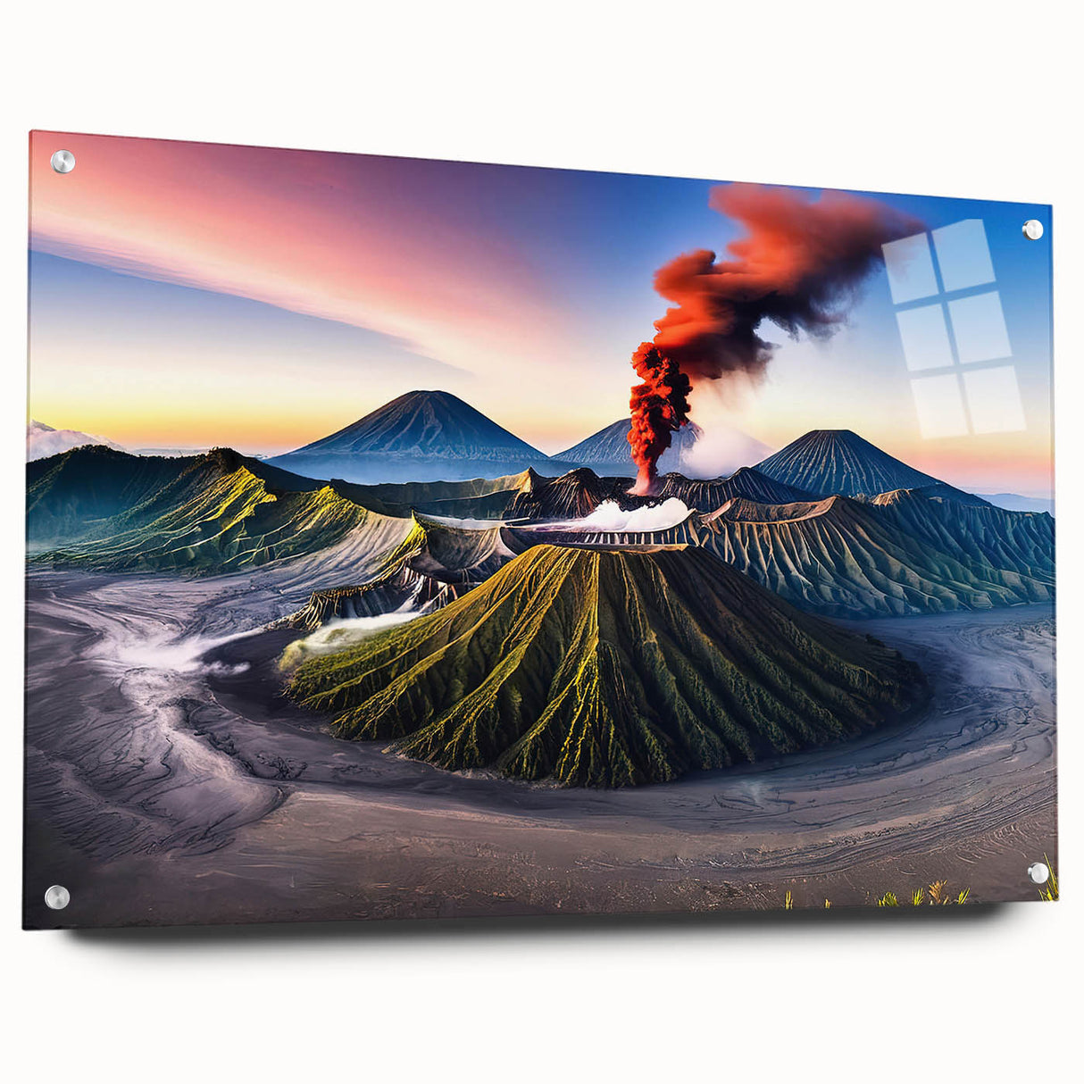 Large abstract wall art of an Indonesian landscape, in vivid hues on acrylic glass.