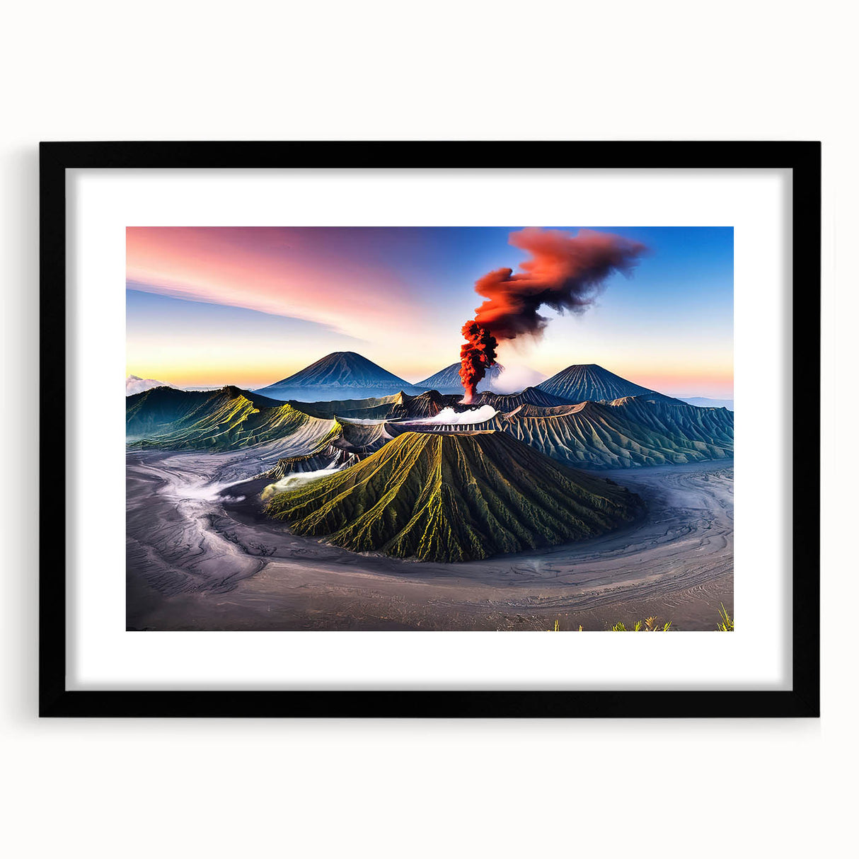 Extra large abstract art print featuring colorful, textured scenery of Indonesia on a black framed canvas.