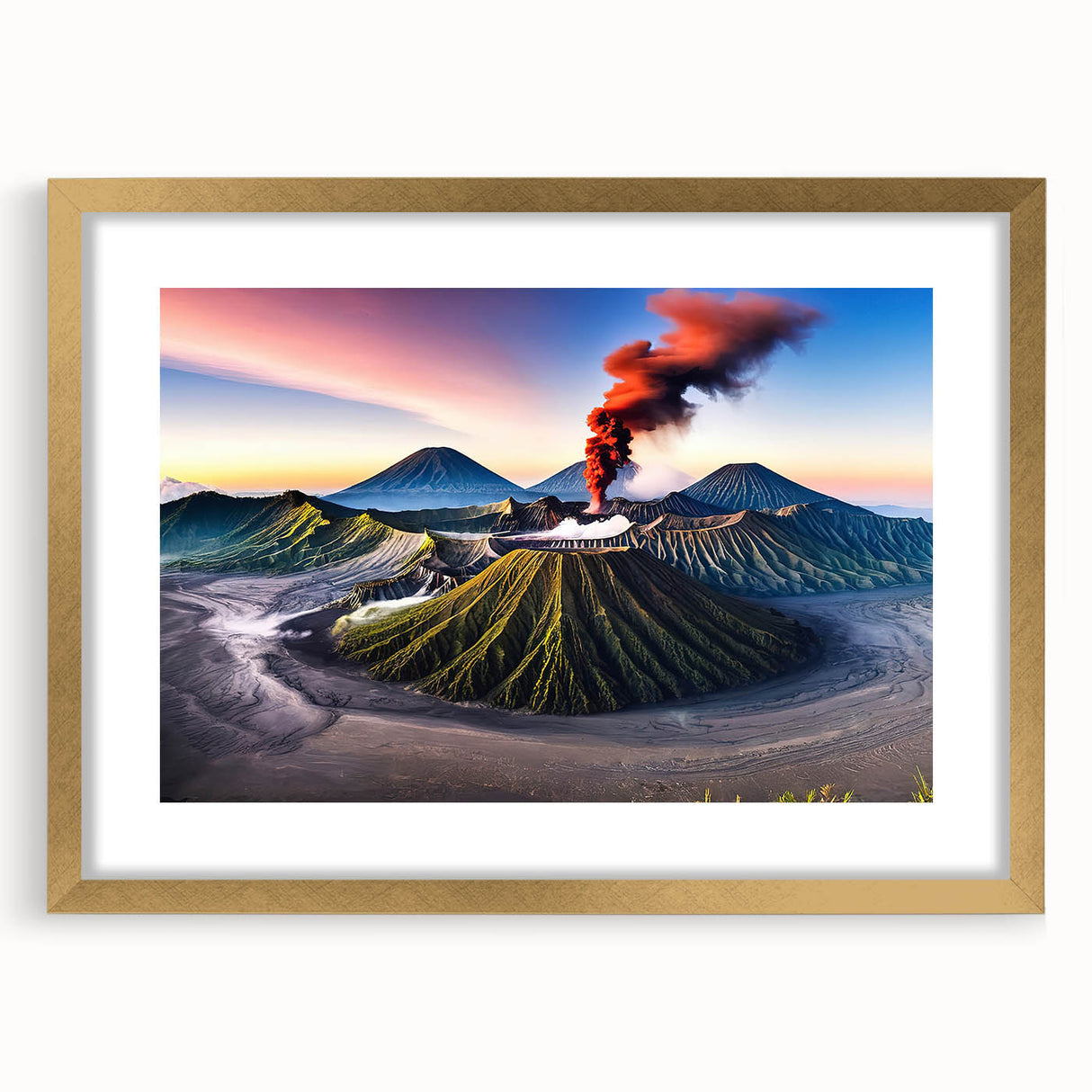 Extra large wall art featuring an abstract depiction of an Indonesian landscape in textured gold and earth tones.