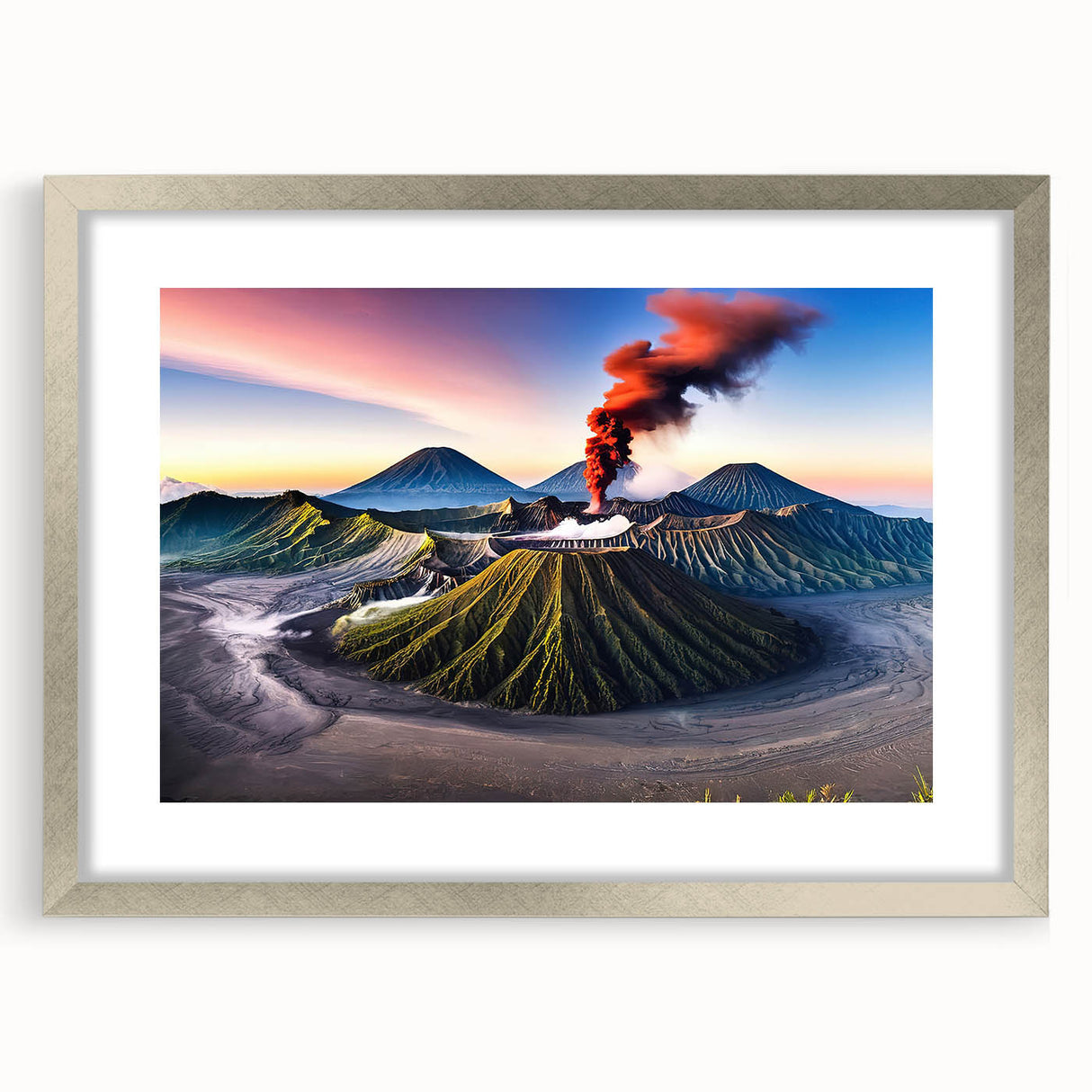 Textured abstract art print depicting a serene Indonesian landscape in muted earth tones, framed in silver.