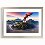 Textured abstract art print depicting a serene Indonesian landscape in muted earth tones, framed in silver.