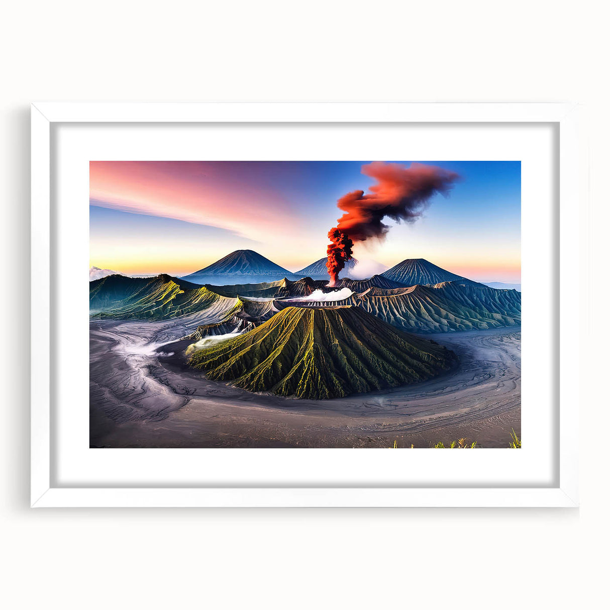 Abstract art print of Indonesian landscape in muted earth tones on a framed white mat.