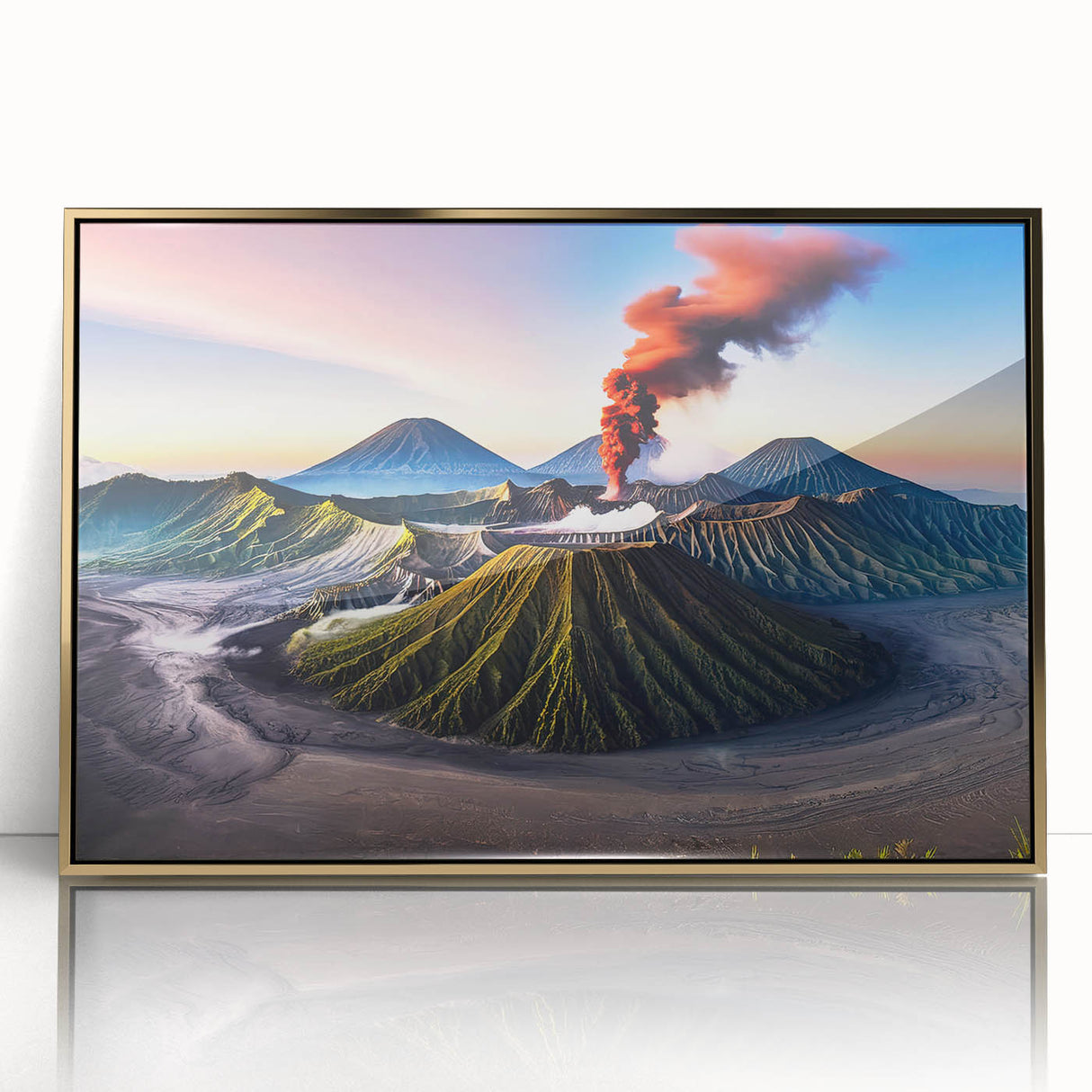 Large art print of an Indonesian landscape in gold and green tones on a framed acrylic, ideal for modern art wall decor.