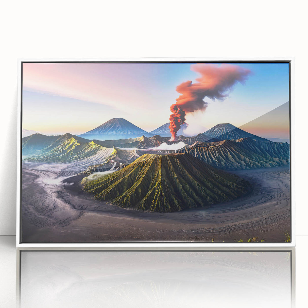 Acrylic print of a serene Indonesian landscape in pastel shades, framed in white, suitable for modern art wall decor.