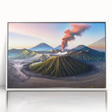 Acrylic print of a serene Indonesian landscape in pastel shades, framed in white, suitable for modern art wall decor.