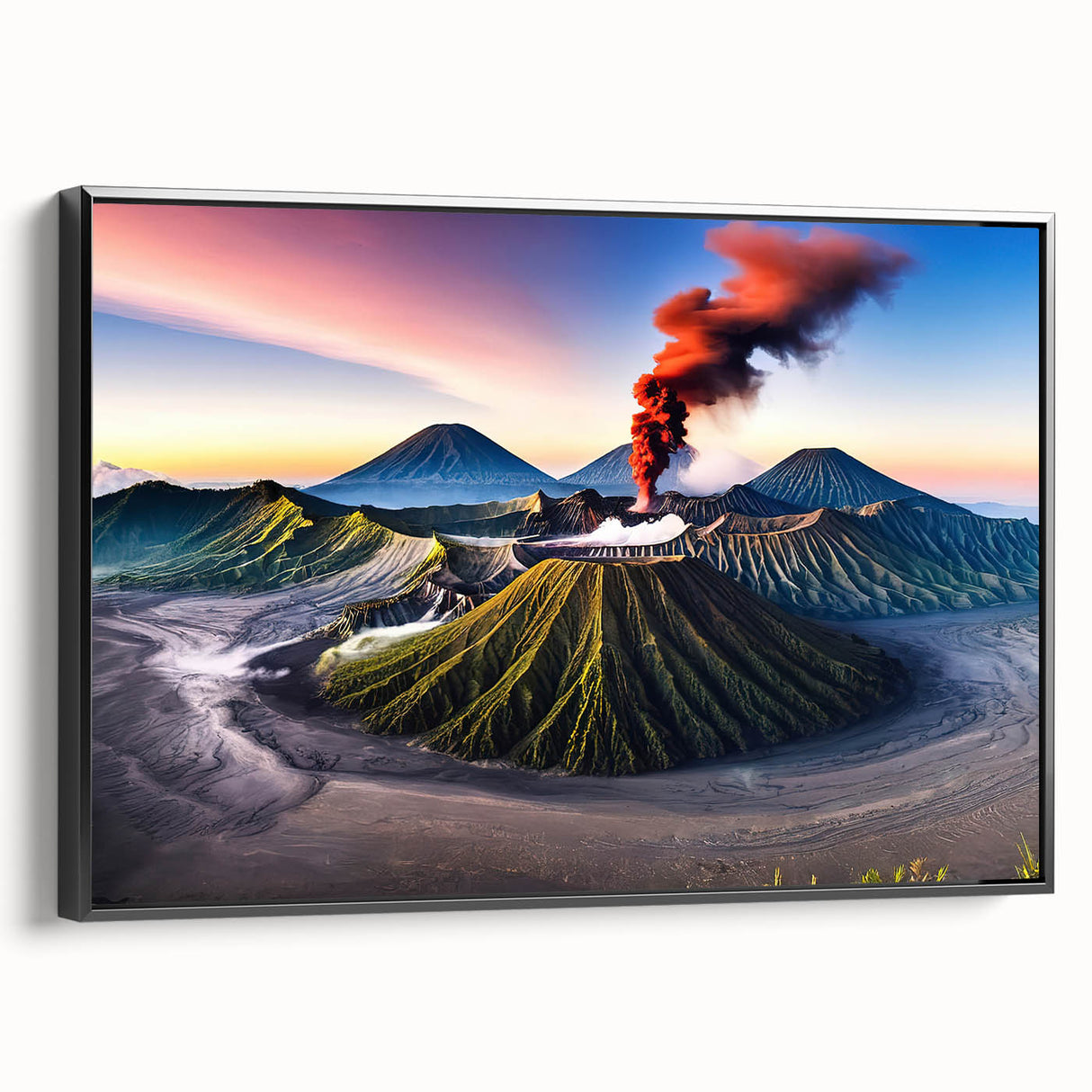 Black and white landscape art painting of Indonesian scenery on a framed canvas, ideal for bedroom wall decor.
