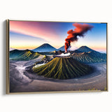 Framed canvas depicting a vintage-style Indonesian landscape in muted gold and black tones, ideal for bedroom wall decor.