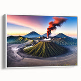 Framed canvas featuring a vintage poster art of an Asian scenery in Indonesia with colorful art on a white background.