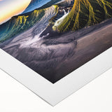 Art deco poster featuring a scenic Indonesian landscape in muted green and blue tones on rolled canvas.