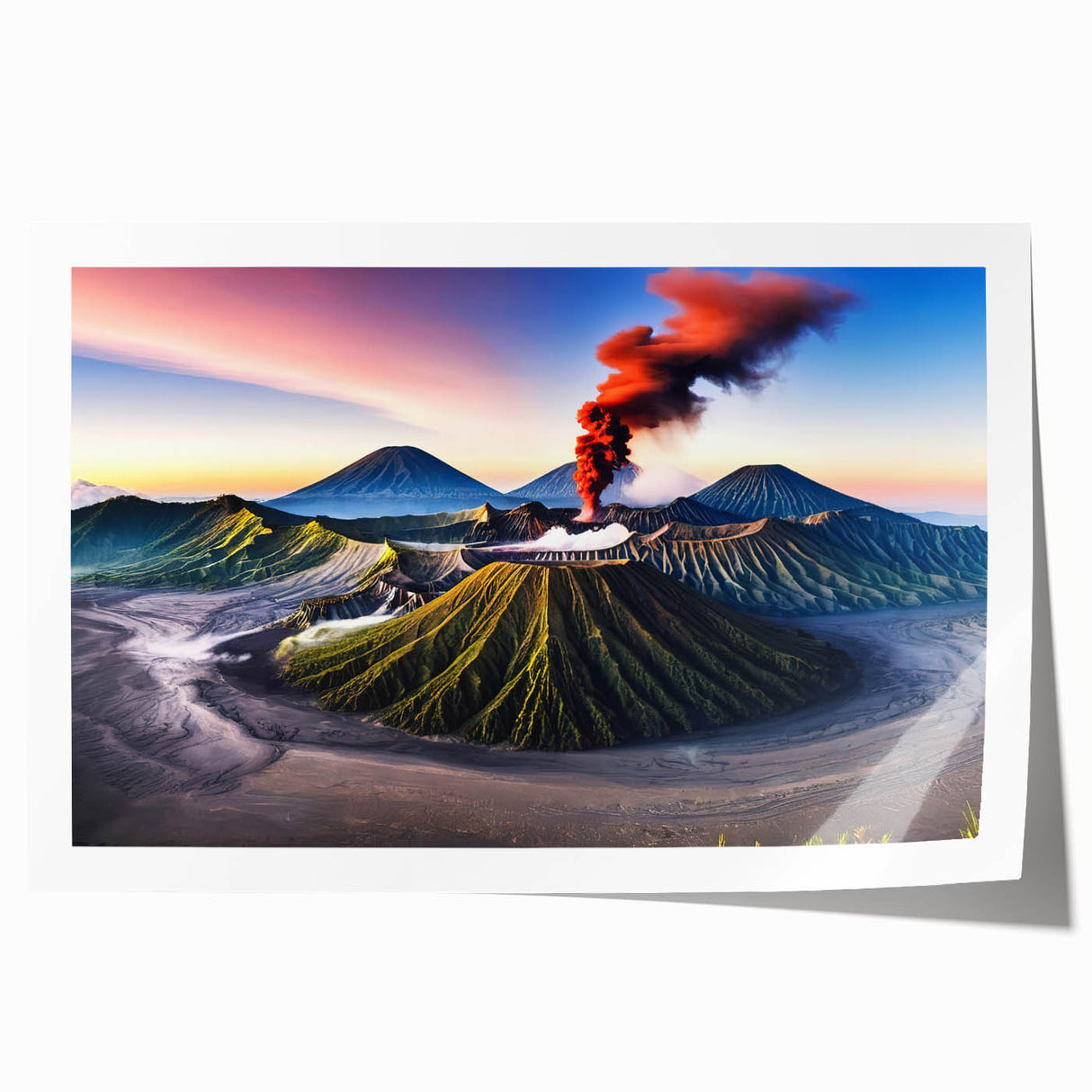Extra large rolled print of Indonesian scenery with vibrant floral elements, ideal for dining room wall art.