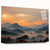 Large abstract wall art featuring a Korean landscape in muted greens and blues on acrylic glass.