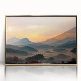 Mid-century modernist style large art print depicting a serene Korean landscape in muted earth tones, framed in gold acrylic.