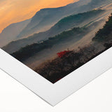 Art deco poster of a serene Korean landscape in muted green and blue shades on rolled canvas, ideal for dining room decor.