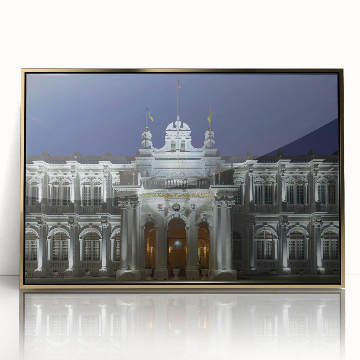 Large art print of a Malaysian landscape in gold and green tones on framed acrylic, suitable for modern art wall decor.