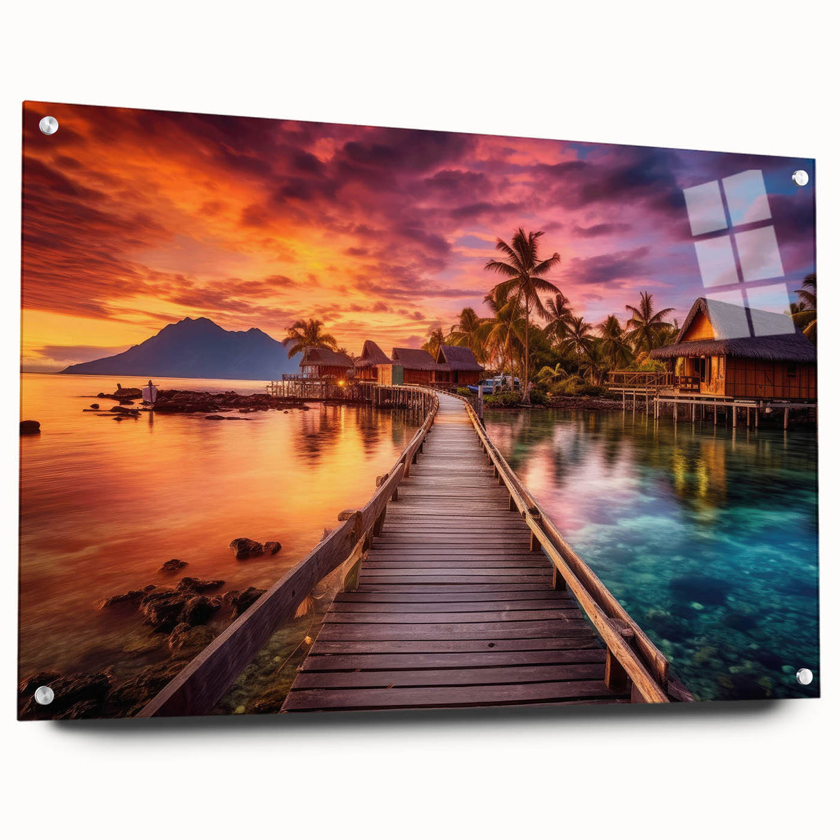 Acrylic print of a serene Maldivian landscape, featuring calm blue waters and clear skies.