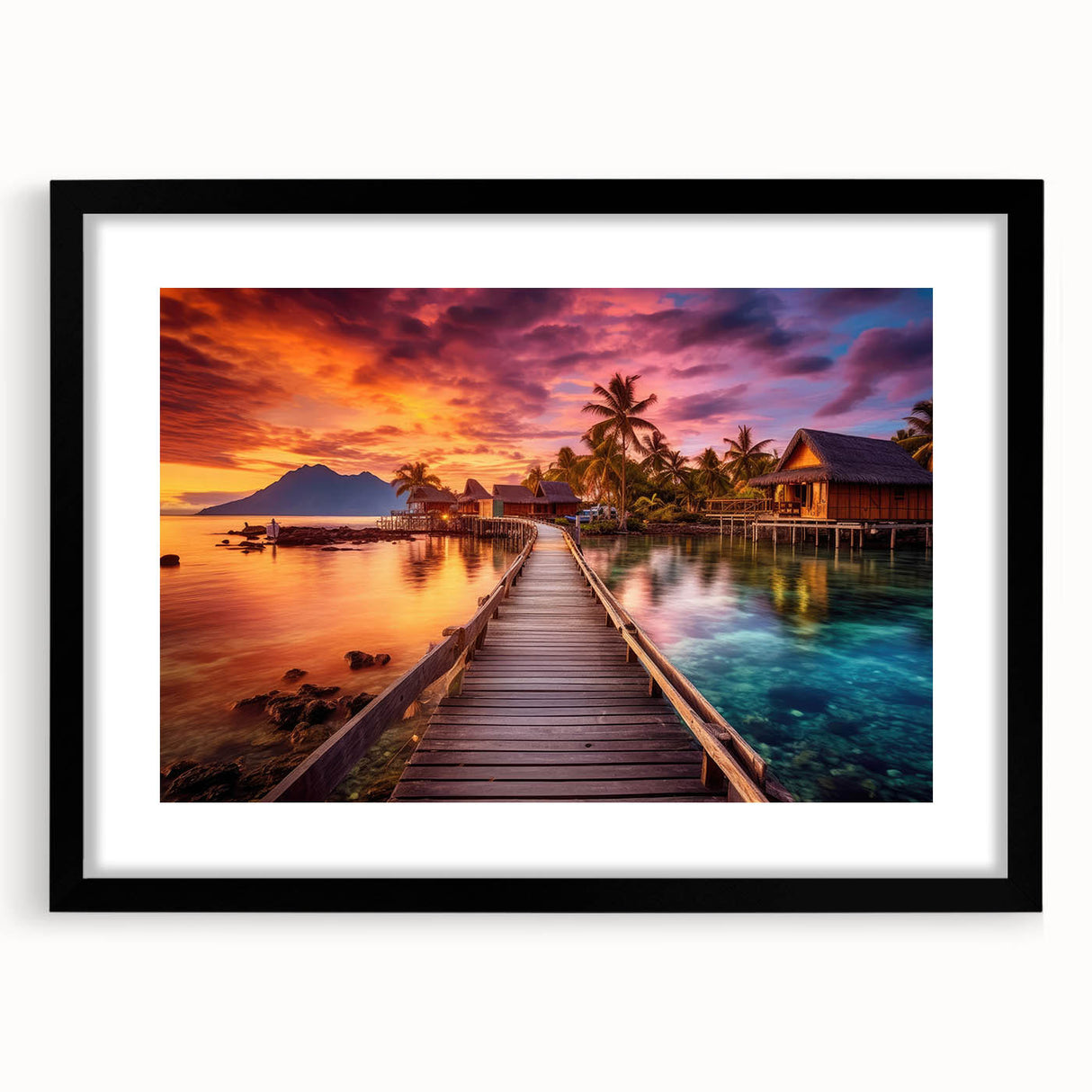 Extra large, colorful abstract art print of a serene Maldivian landscape on a textured canvas, framed in black.