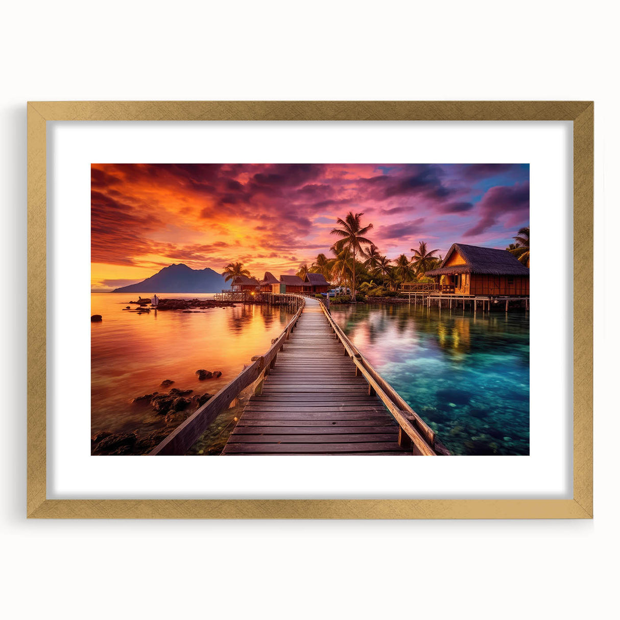 Extra large abstract art print of Maldivian scenery in gold frame, featuring textured blue and white hues.