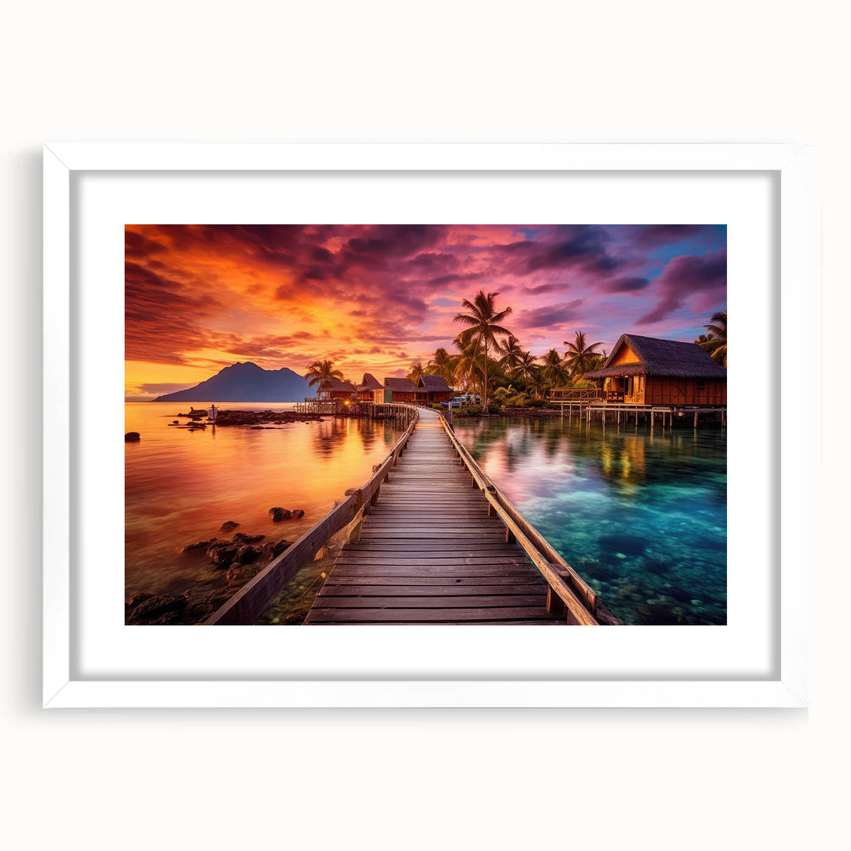 Abstract art print of the Maldives in soft blue and white tones, framed with a white mat.