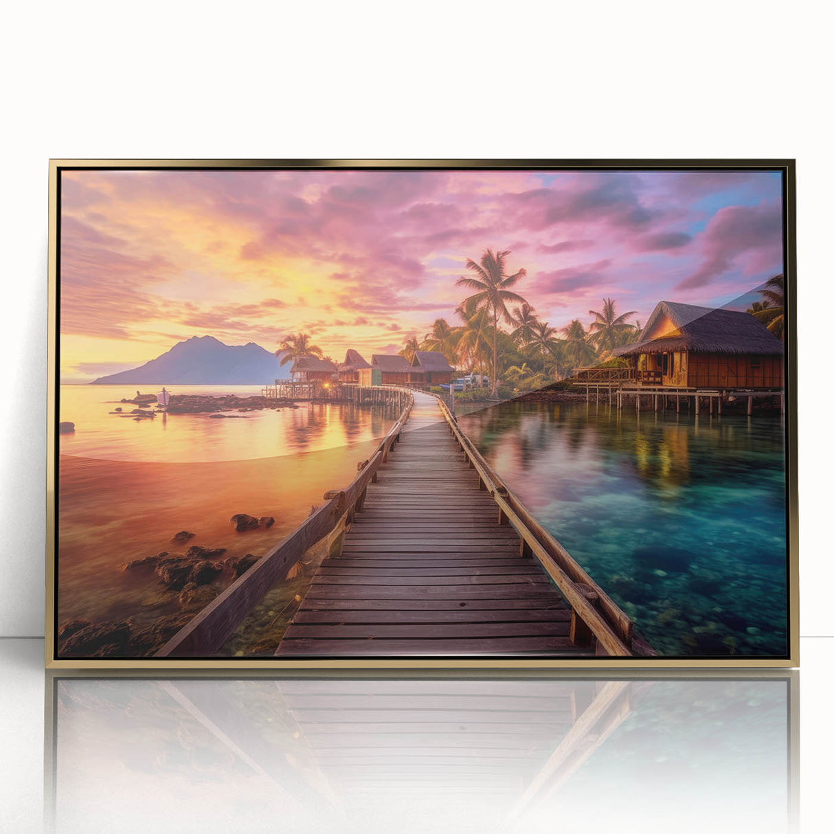 Large art print of a serene Maldivian beachscape, in muted blue and sandy tones on framed acrylic.