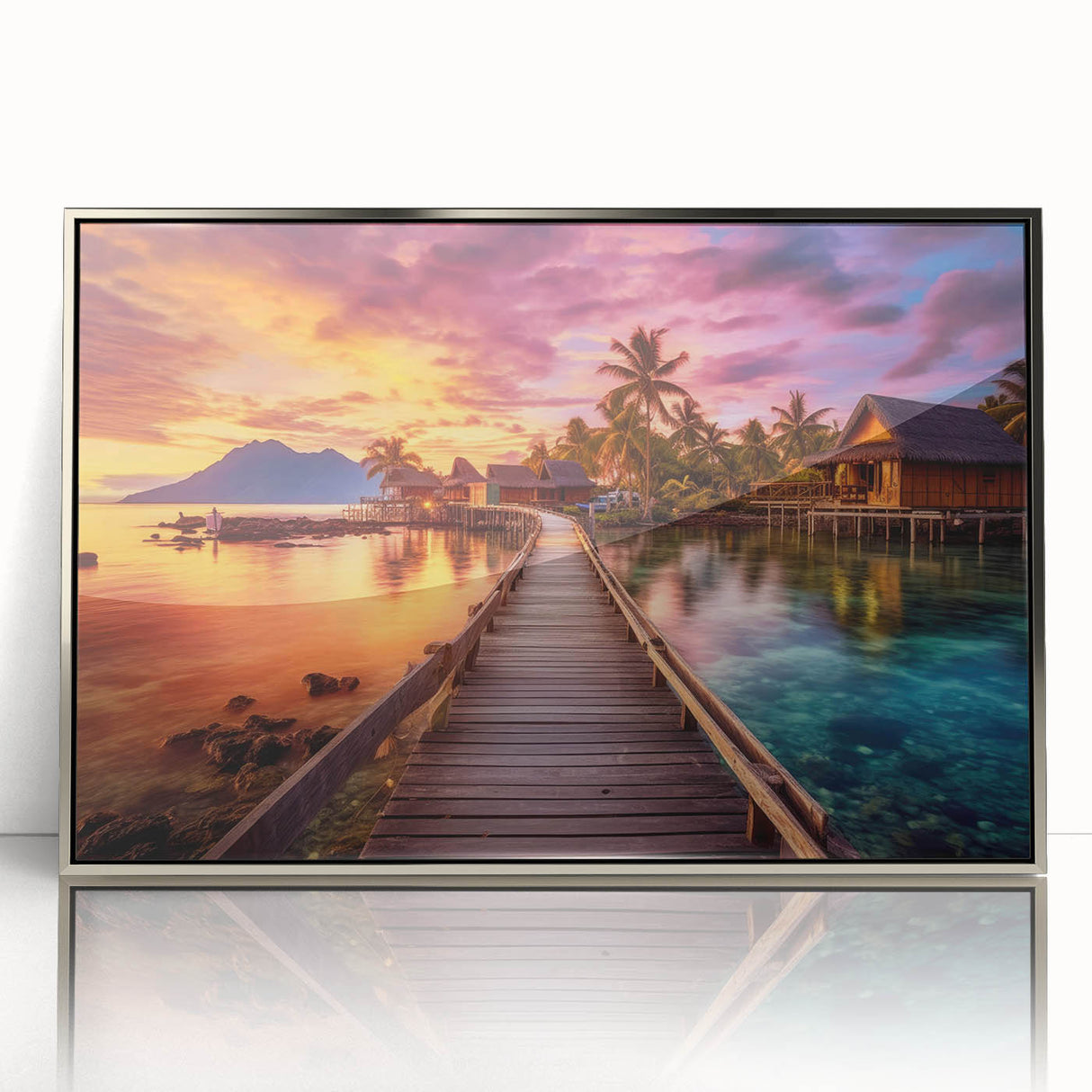 Mid-century modernist style Maldives scenery on silver-framed acrylic, with vibrant blue and green tones.
