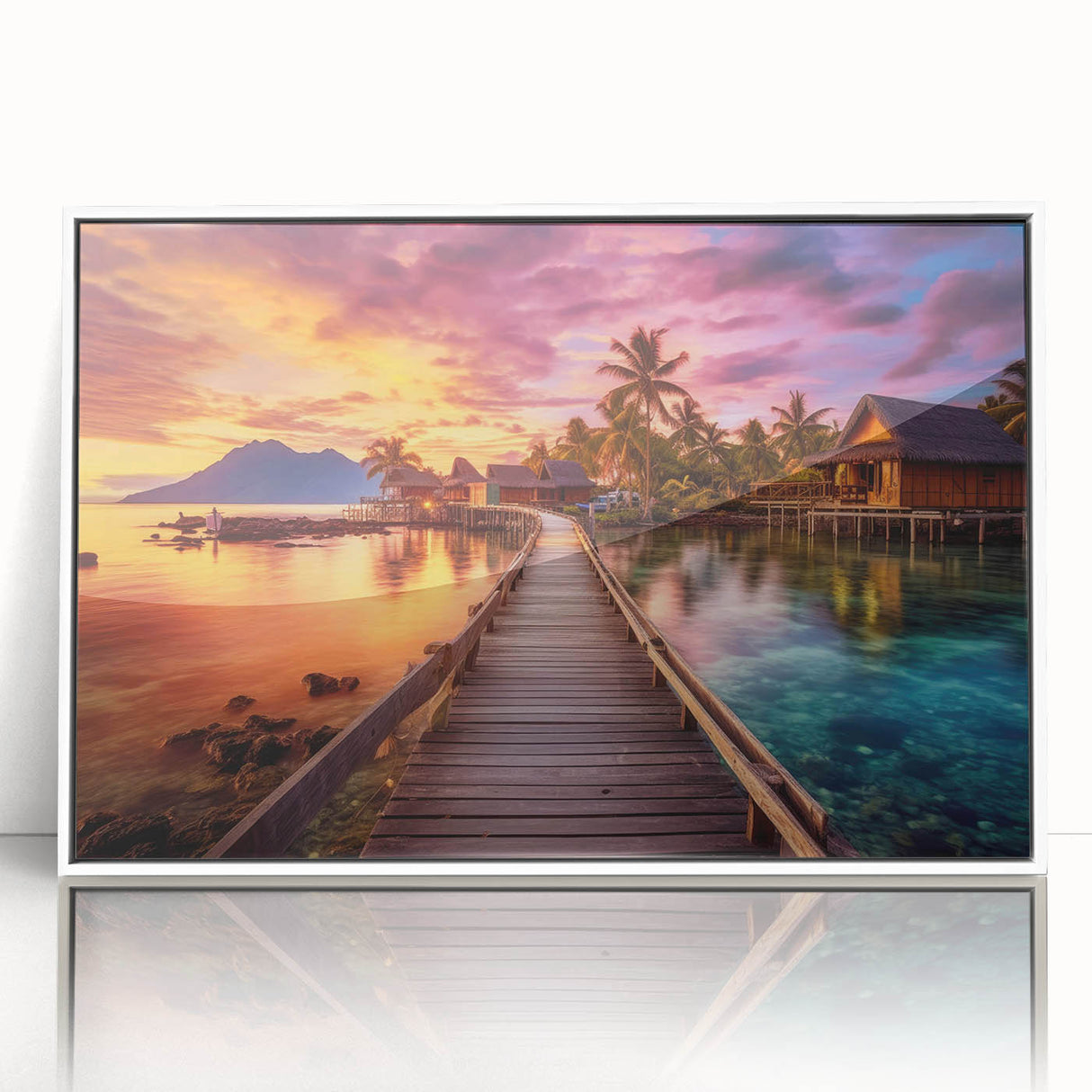 Acrylic print of a Maldivian scenery in soft blue and white tones, framed in white, suitable for modern nursery decor.