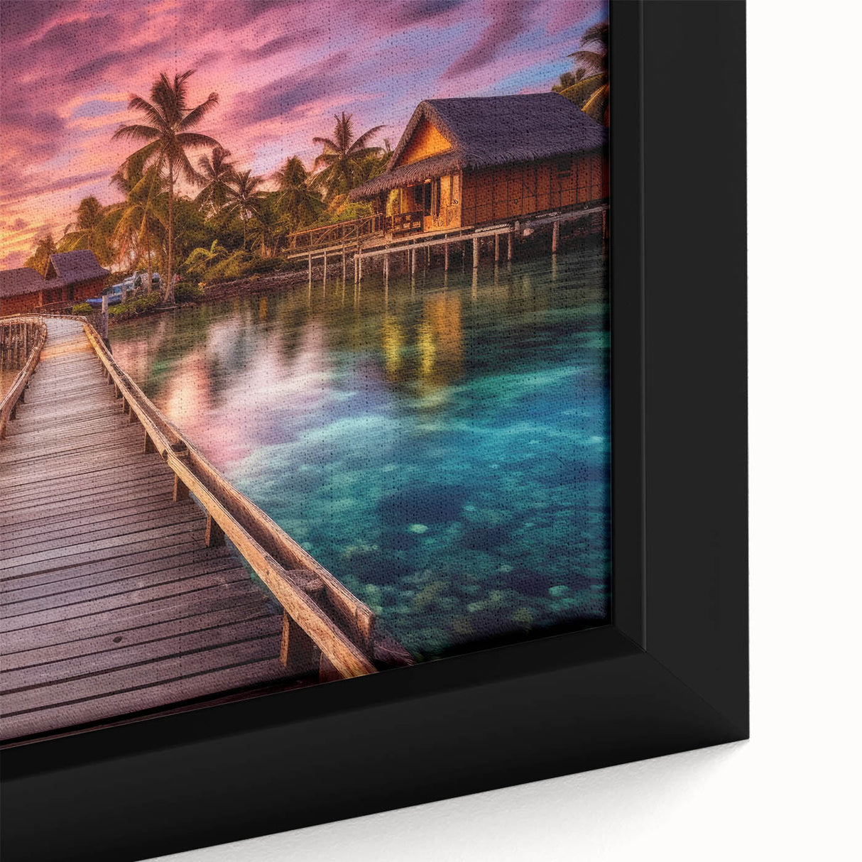 Extra large framed canvas featuring a textured depiction of a Maldivian scenery in black with vibrant color accents.