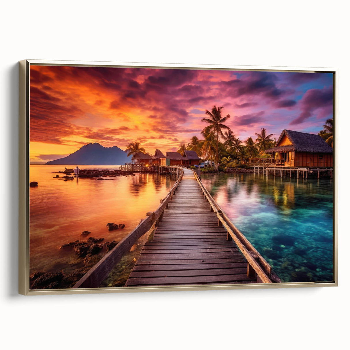 Framed canvas landscape art of the Maldives with gold accents, ideal for bedroom wall decor.