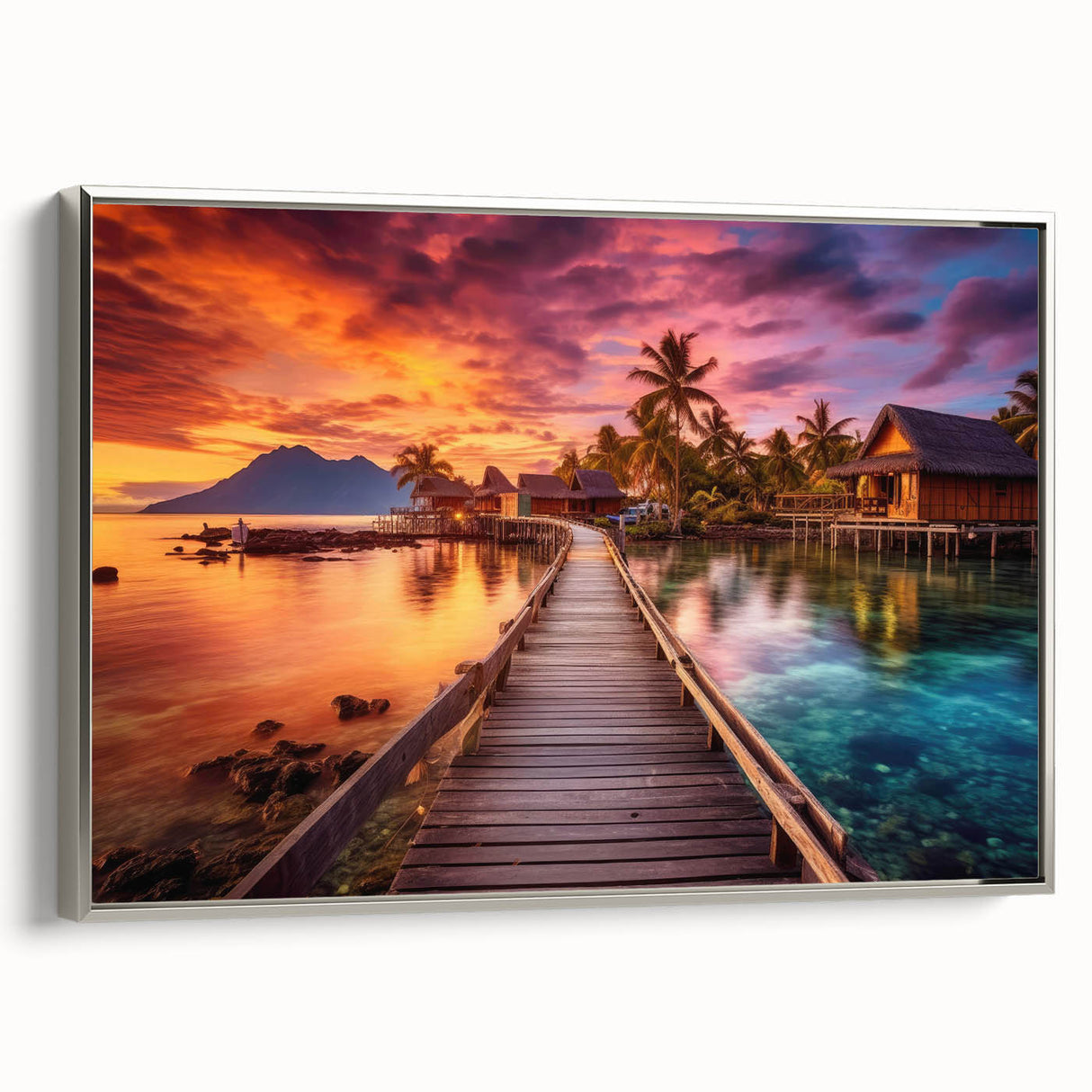 Framed canvas depicting a serene Maldivian landscape with vibrant blue waters and lush greenery, ideal for living room decor.
