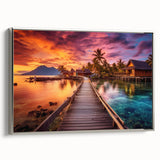 Framed canvas depicting a serene Maldivian landscape with vibrant blue waters and lush greenery, ideal for living room decor.