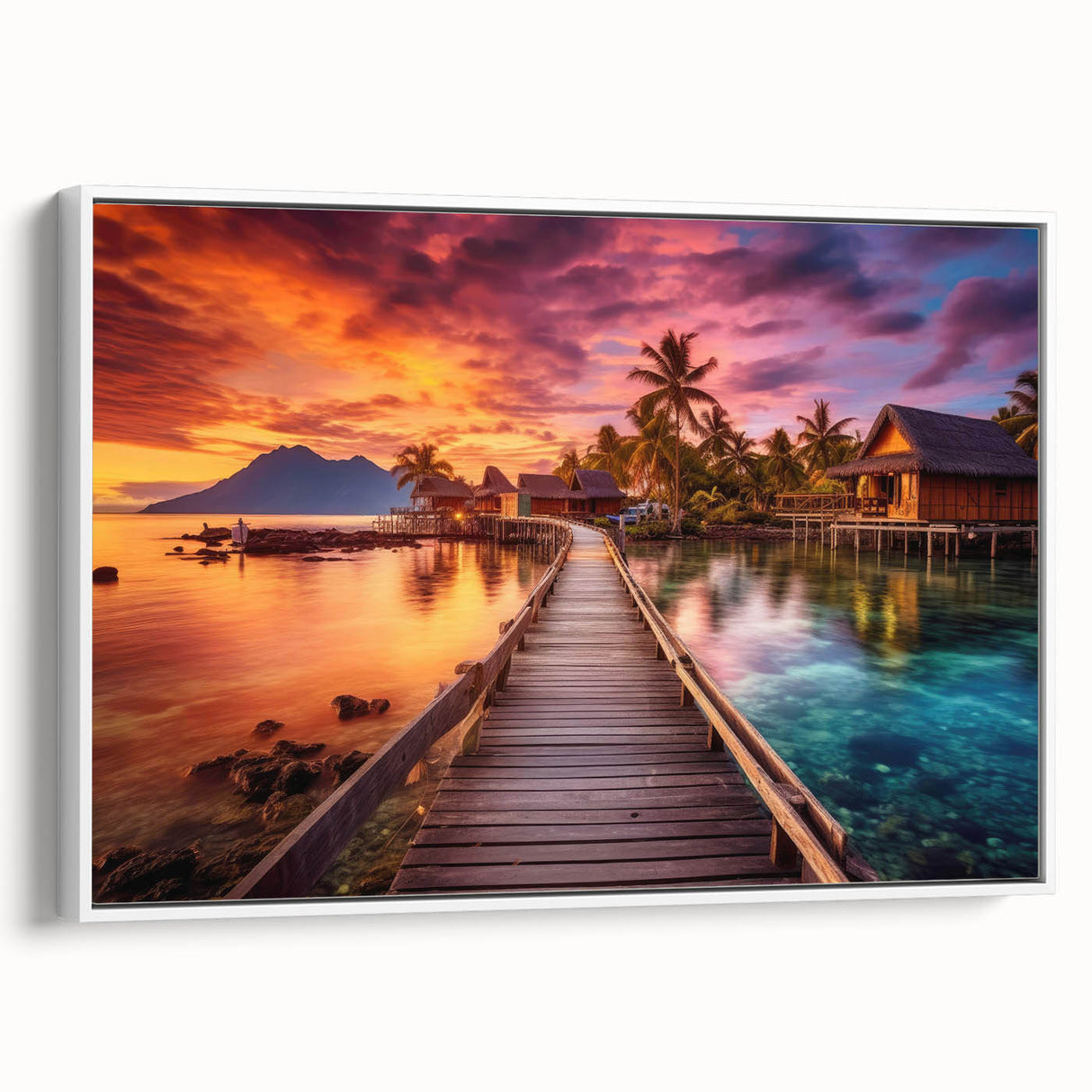 Vintage poster art of a Maldivian scenery on a framed canvas, featuring vibrant colors, ideal for living room decor.