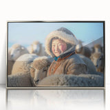 Mid-century modernist art depicting a Mongolian landscape in muted earth tones on a framed acrylic print.