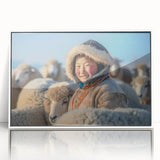 Art deco poster of a Mongolian landscape, featuring muted earth tones on a white-framed acrylic.