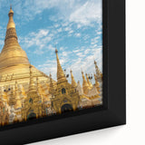 Extra large black framed canvas depicting a textured, colorful Myanmar scenery, ideal for living room decor.