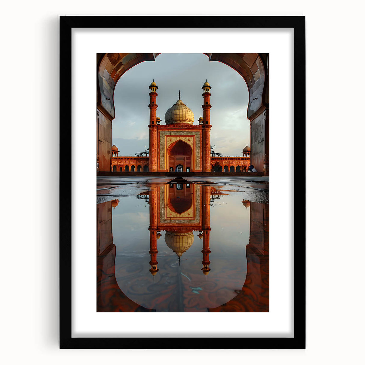 Extra large abstract art print of a colorful, textured scenery depicting Asia, in a black frame with mat.