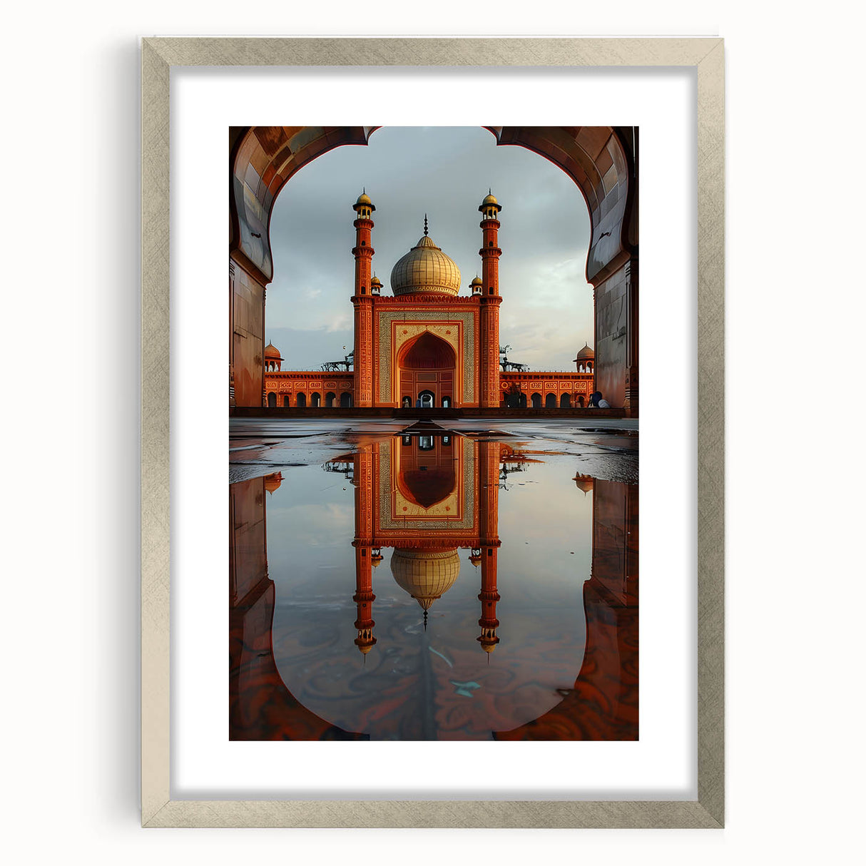 Textured art print depicting abstract scenery in muted earth tones, framed in silver, ideal for bedroom wall decor.