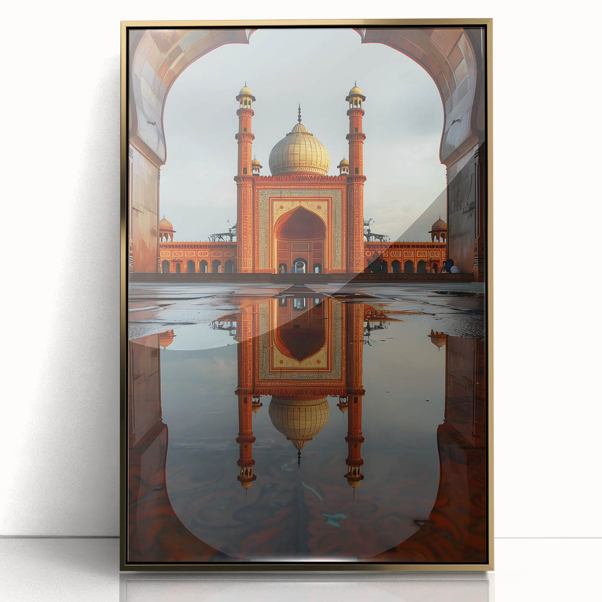 Large art print of a mid-century modernist Pakistani landscape in gold tones, acrylic framed.