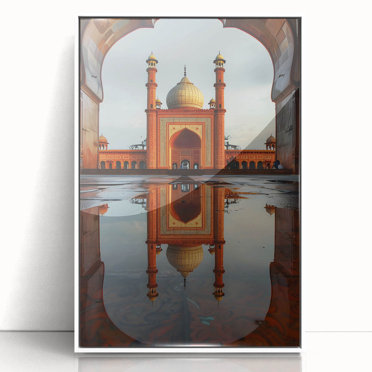 Art deco poster of a Pakistani landscape in muted earth tones on a white-framed acrylic print.