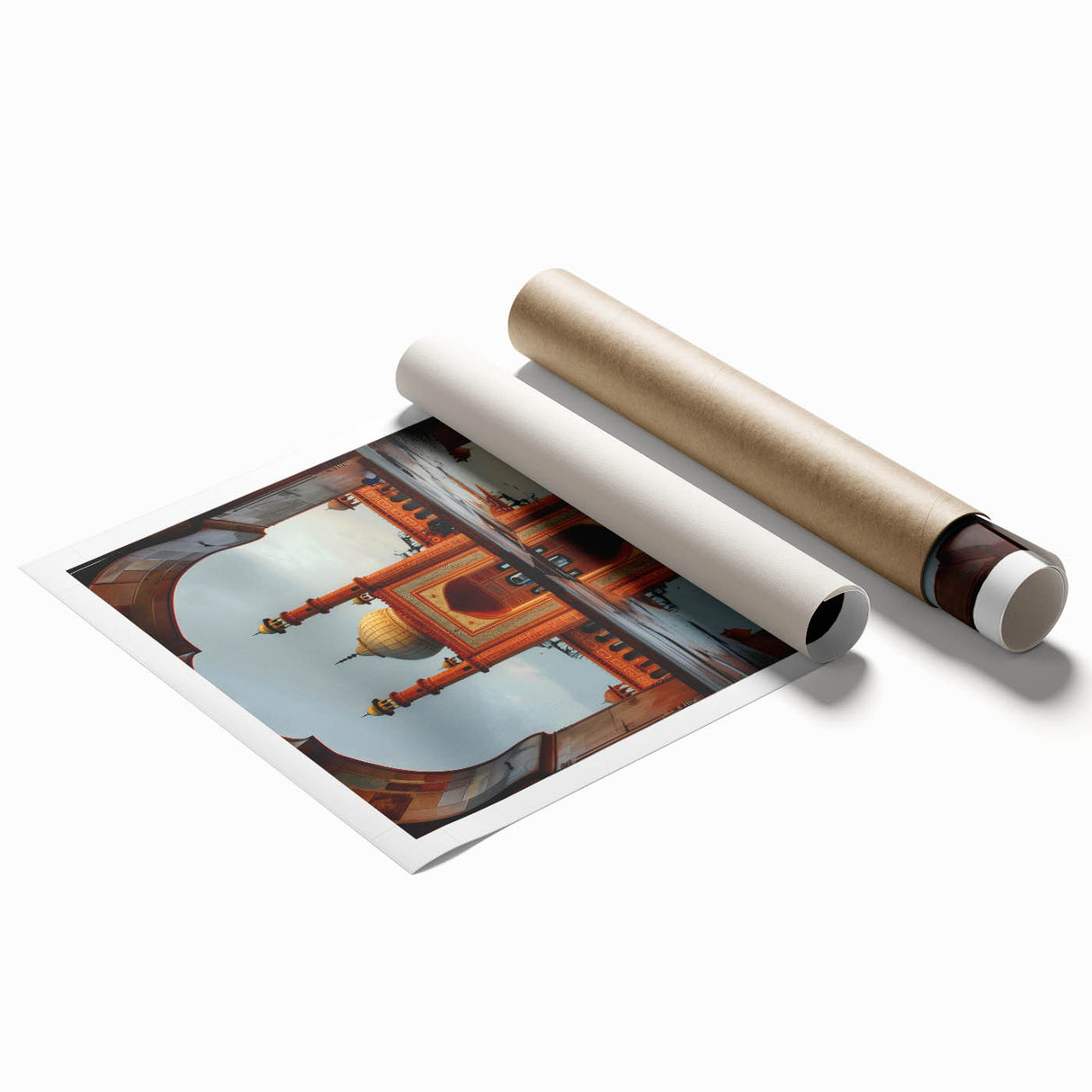 Extra large rolled print of a serene Pakistani landscape with lush floral elements in soft greens and blues.