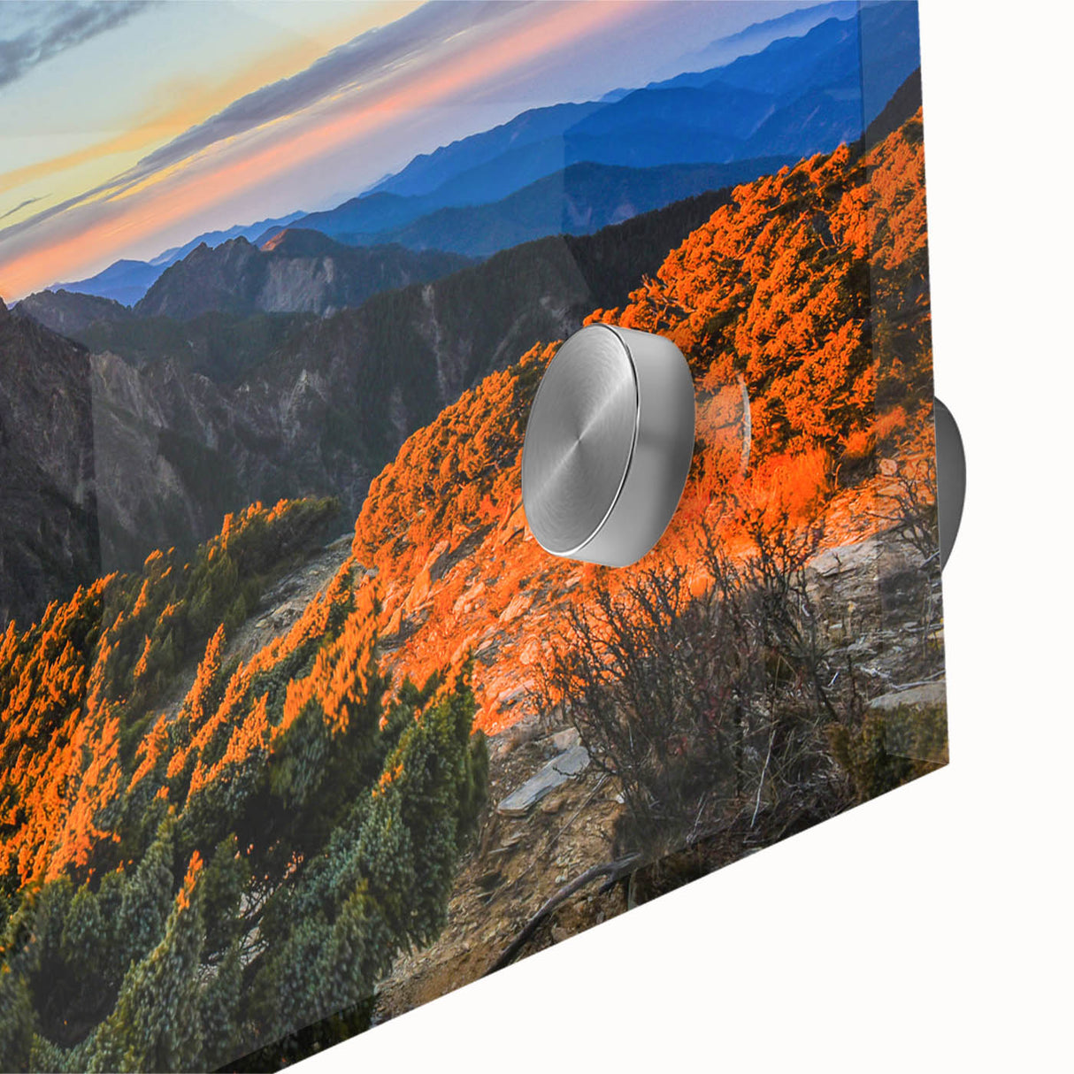 Large abstract wall art depicting a Taiwanese landscape in muted earth tones on acrylic glass.