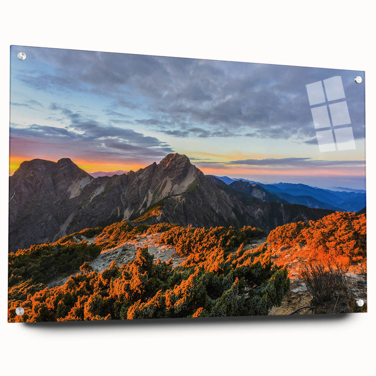 Large abstract wall art featuring a Taiwanese landscape in muted green and blue tones, acrylic glass format.
