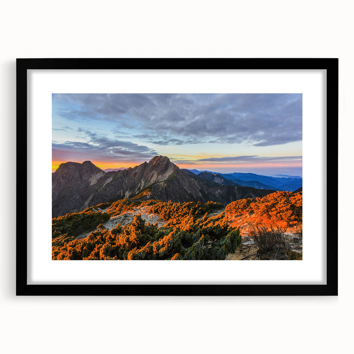 Extra large abstract art print featuring vibrant, colorful scenery of Taiwan on a textured canvas, framed in black.