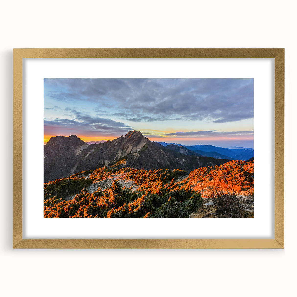 Extra large abstract art print depicting a textured scenery of Taiwan, in muted earth tones, framed in gold.
