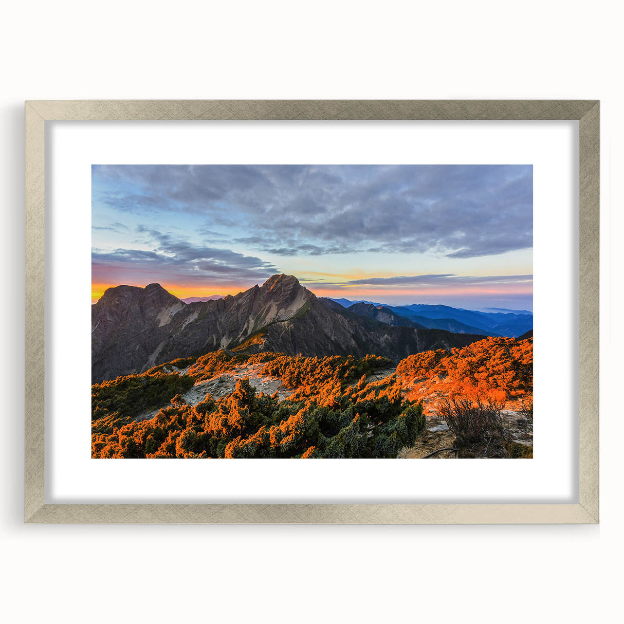 Textured abstract art print of a Taiwanese landscape in muted earth tones, framed in silver, ideal for bedroom decor.