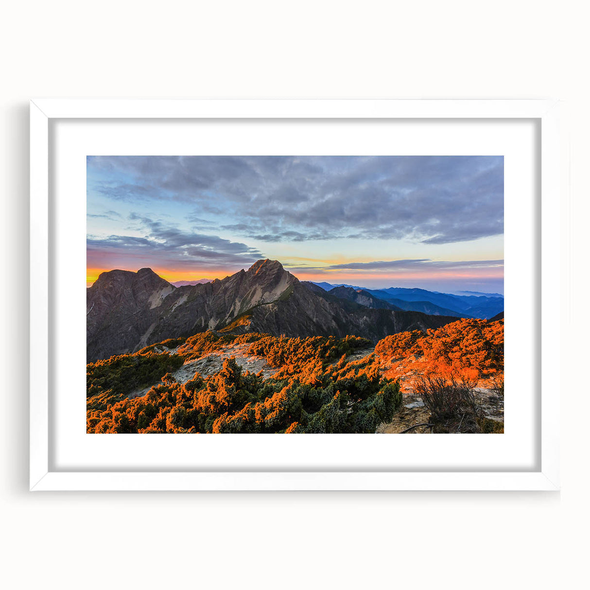 Abstract art print depicting a serene Taiwan landscape in muted green and blue tones, framed with a white mat.